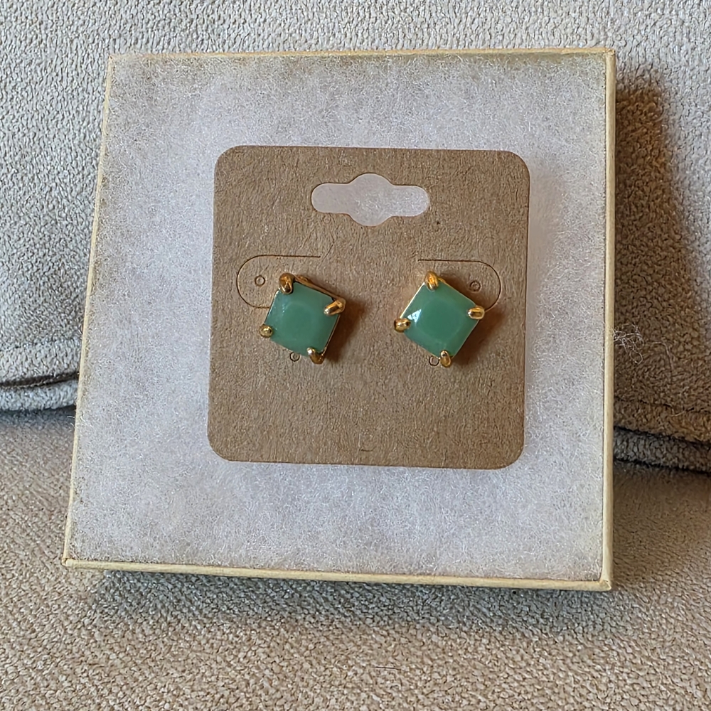 Gold Tone Teal Square Stud Earrings Minimalist